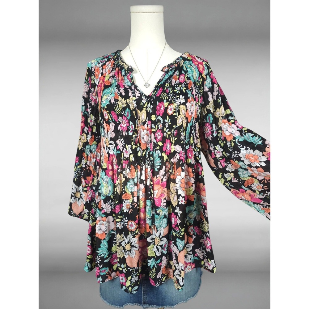 Boho Chic Saturated Floral Smocked Tiered Ruffle Flare Sleeve Blouse Womens M